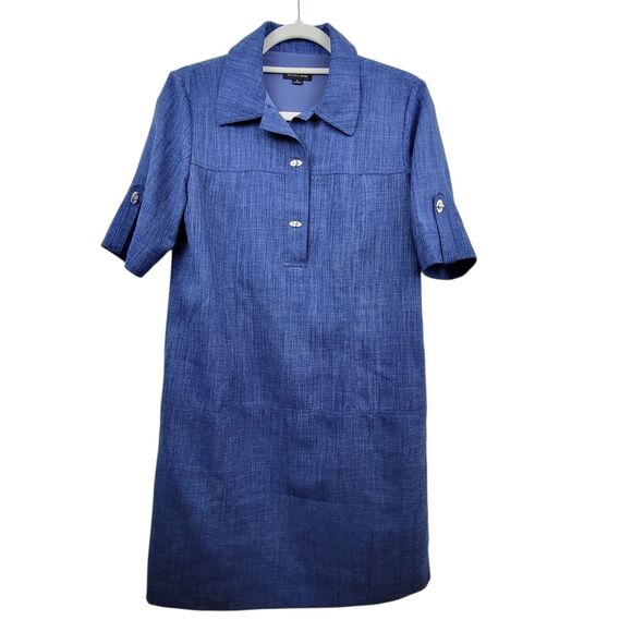 Tahari Arthur S. Levine Blue Denim Look Turn Lock Button Shift Dress Size 4 - Picture 1 of 8
